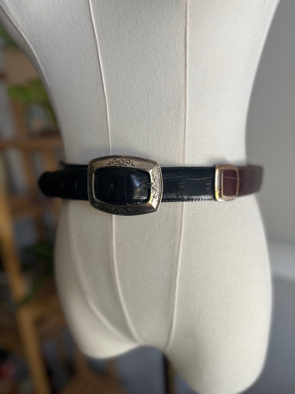 Vintage 90s Brighton Croc Embossed Belt Leather Black Brown Size Medium